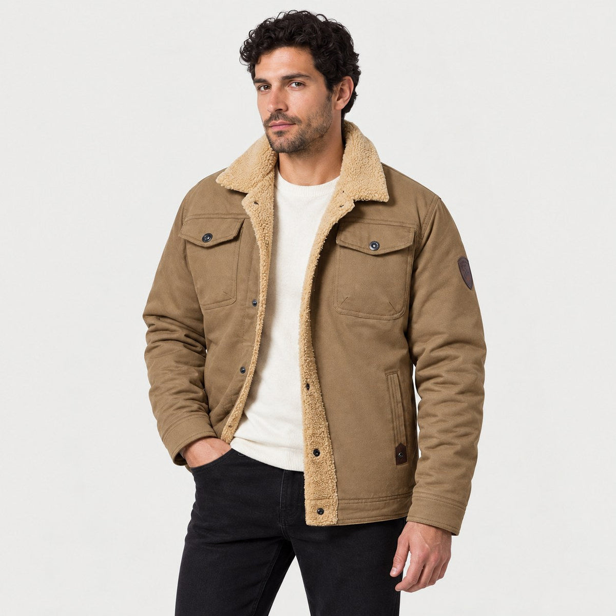 Men's Fleece-Lined Snap Jacket in Khaki | Stow – side view