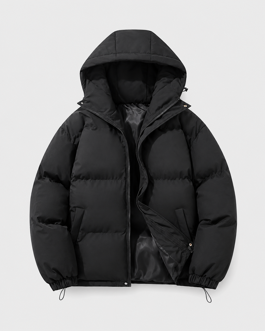 Men's hooded puffer jacket with drawstring hem