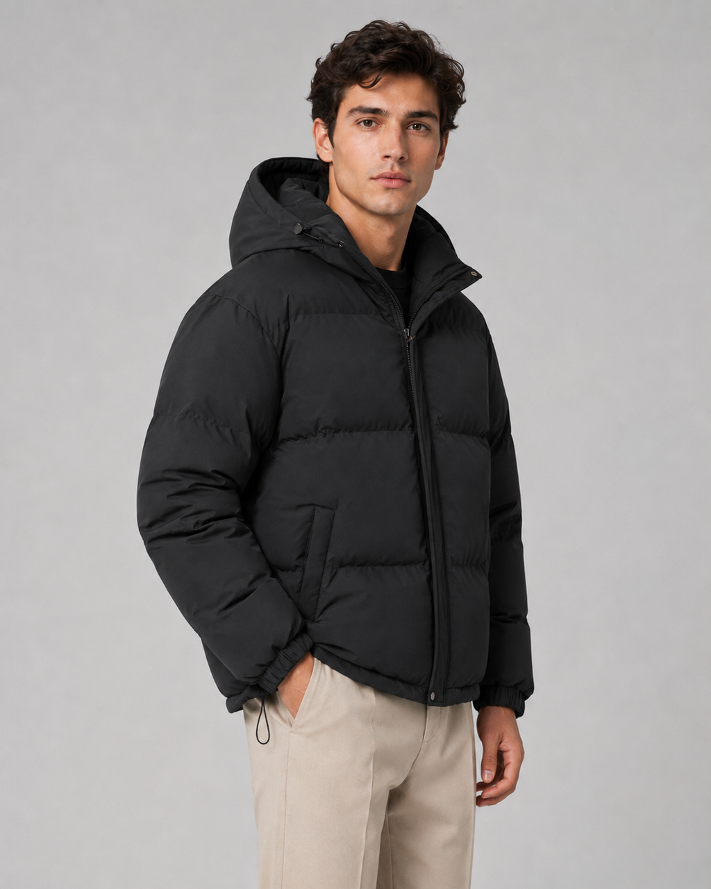 Men's hooded puffer jacket with drawstring hem
