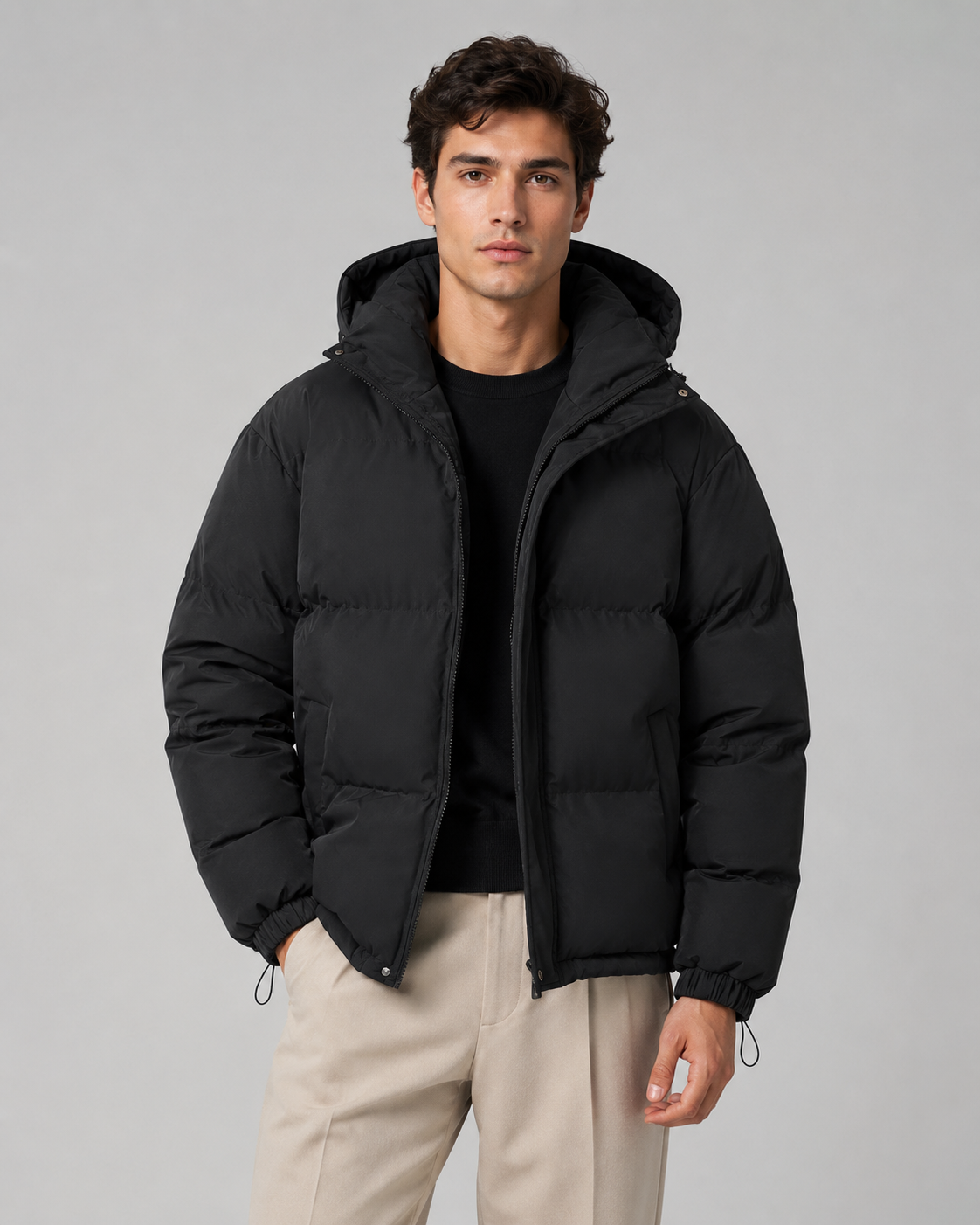 Men's hooded puffer jacket with drawstring hem
