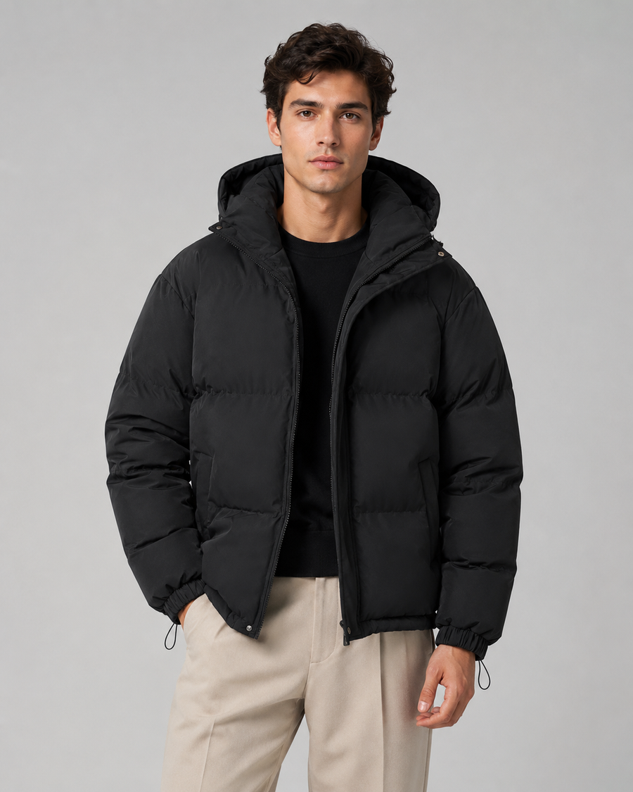 Men's hooded puffer jacket with drawstring hem