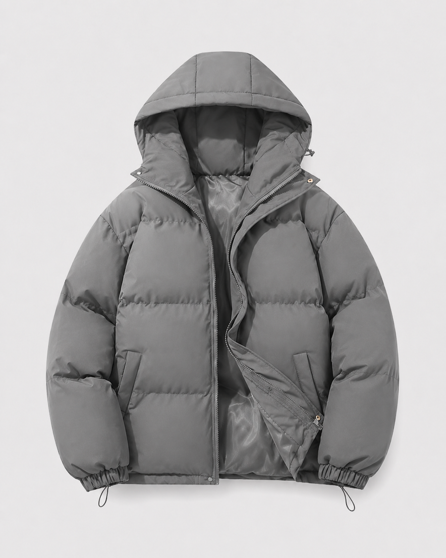 Men's hooded puffer jacket with drawstring hem