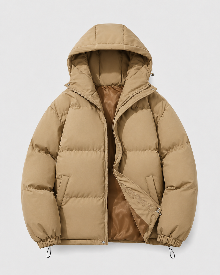 Men's hooded puffer jacket with drawstring hem