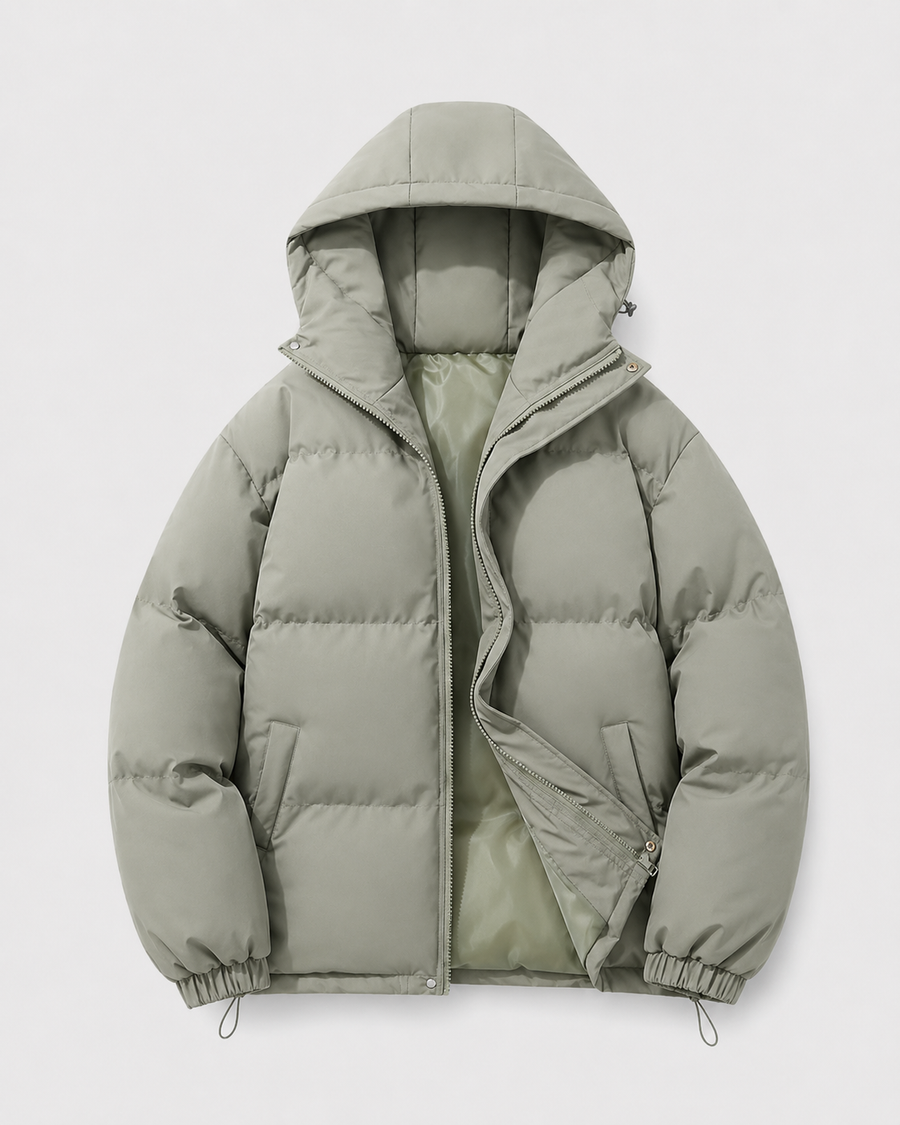 Men's hooded puffer jacket with drawstring hem