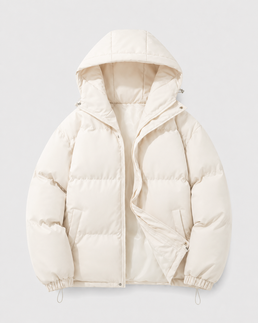 Men's hooded puffer jacket with drawstring hem