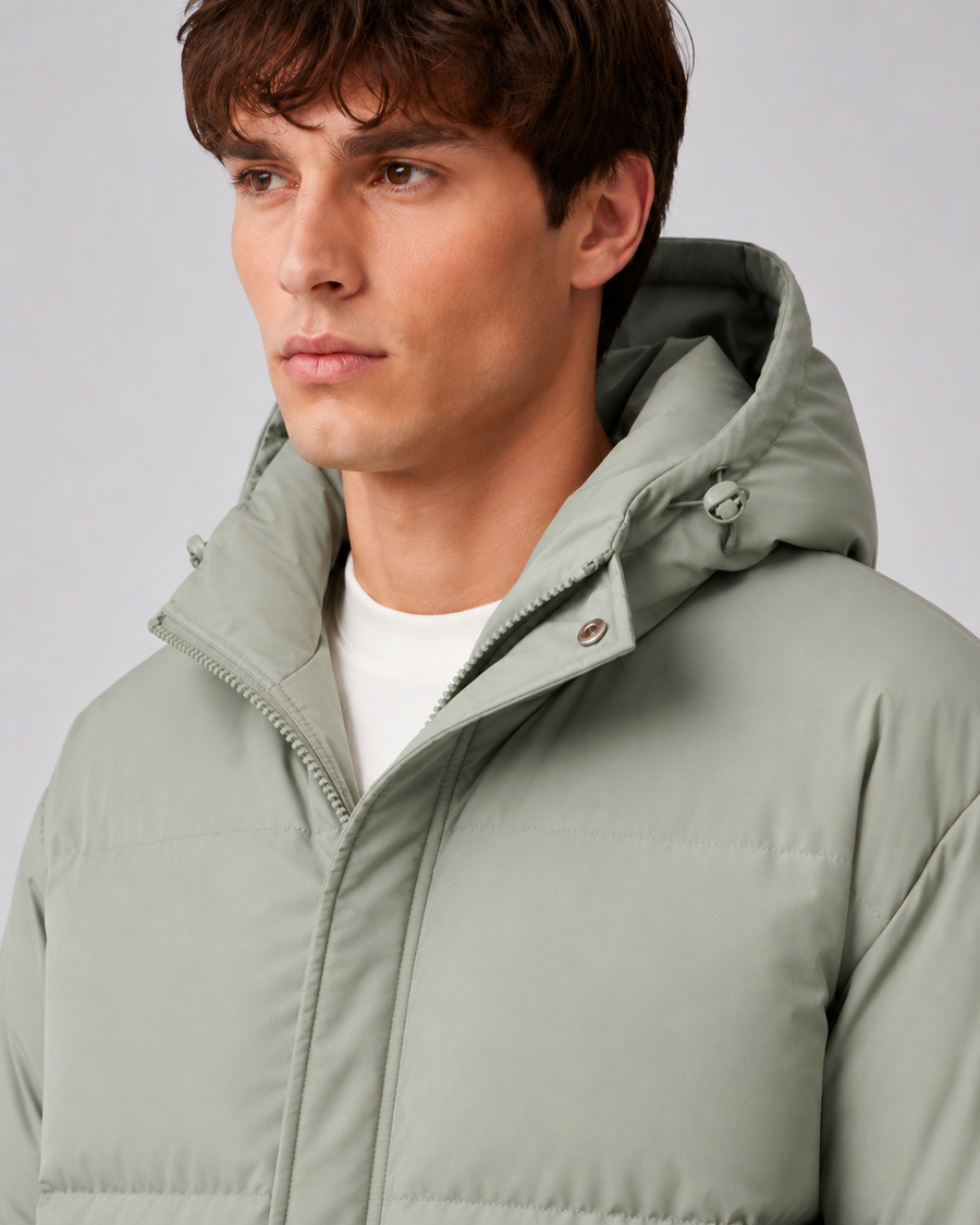 Men's hooded puffer jacket with high zip-through neck