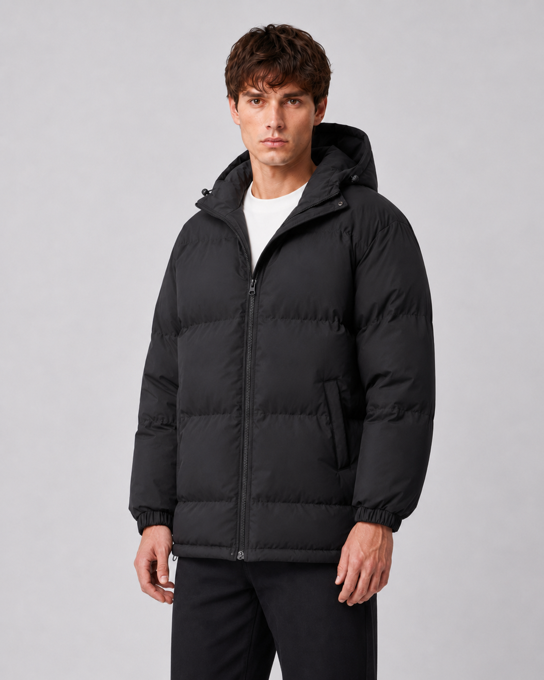 Men's hooded puffer jacket with high zip-through neck