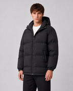 Men's hooded puffer jacket with high zip-through neck