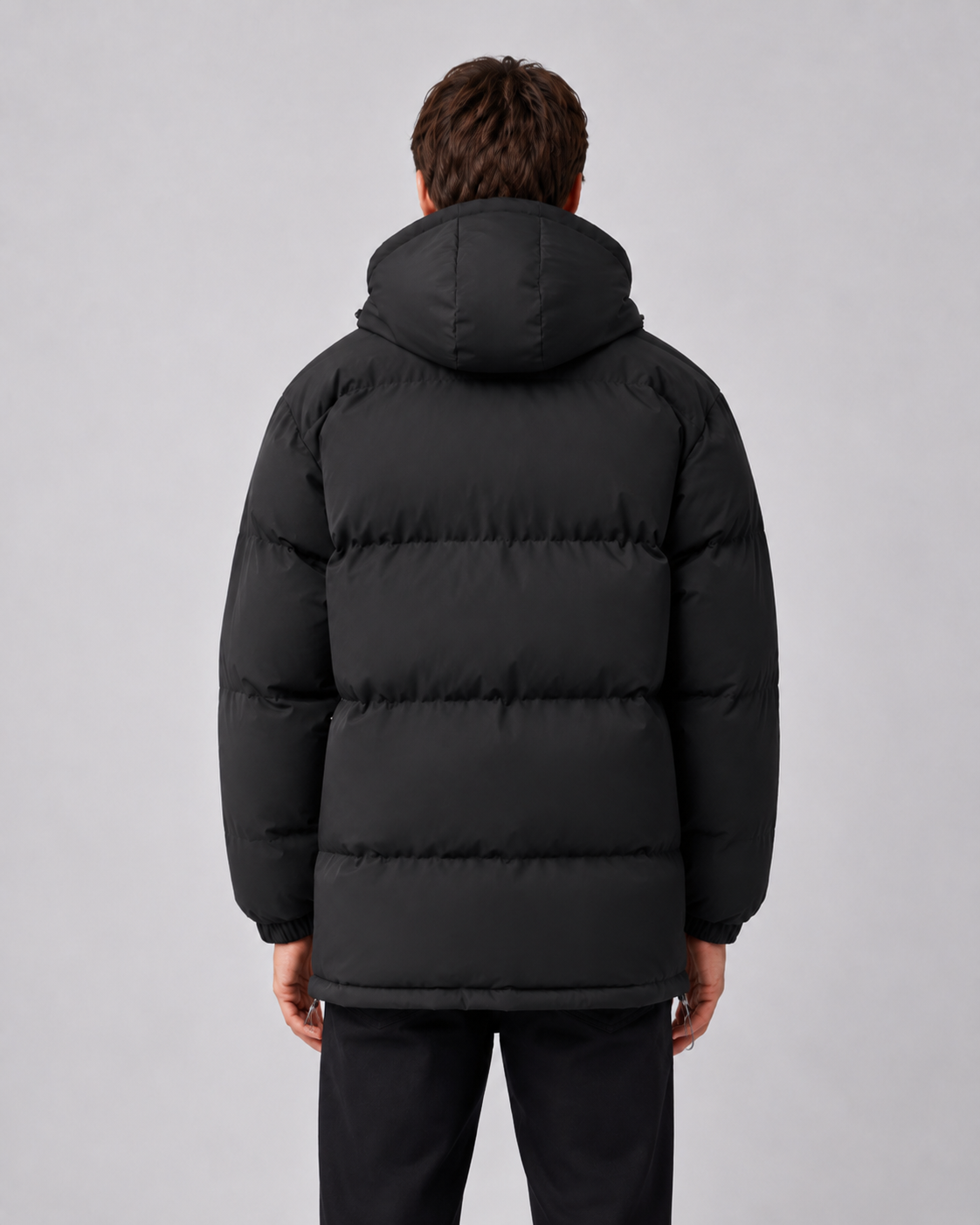 Men's hooded puffer jacket with high zip-through neck