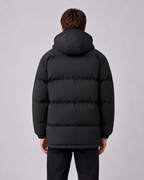 Men's hooded puffer jacket with high zip-through neck