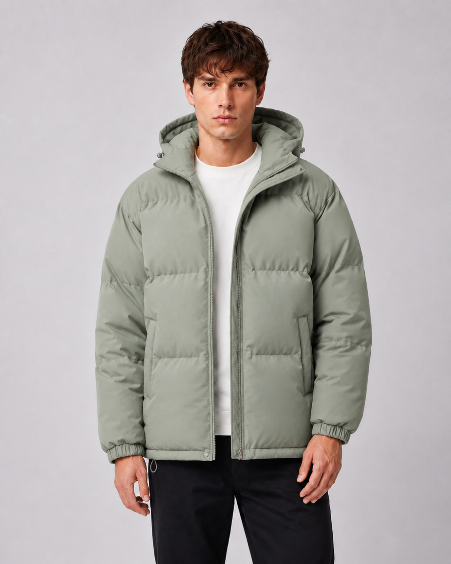 Men's hooded puffer jacket with high zip-through neck