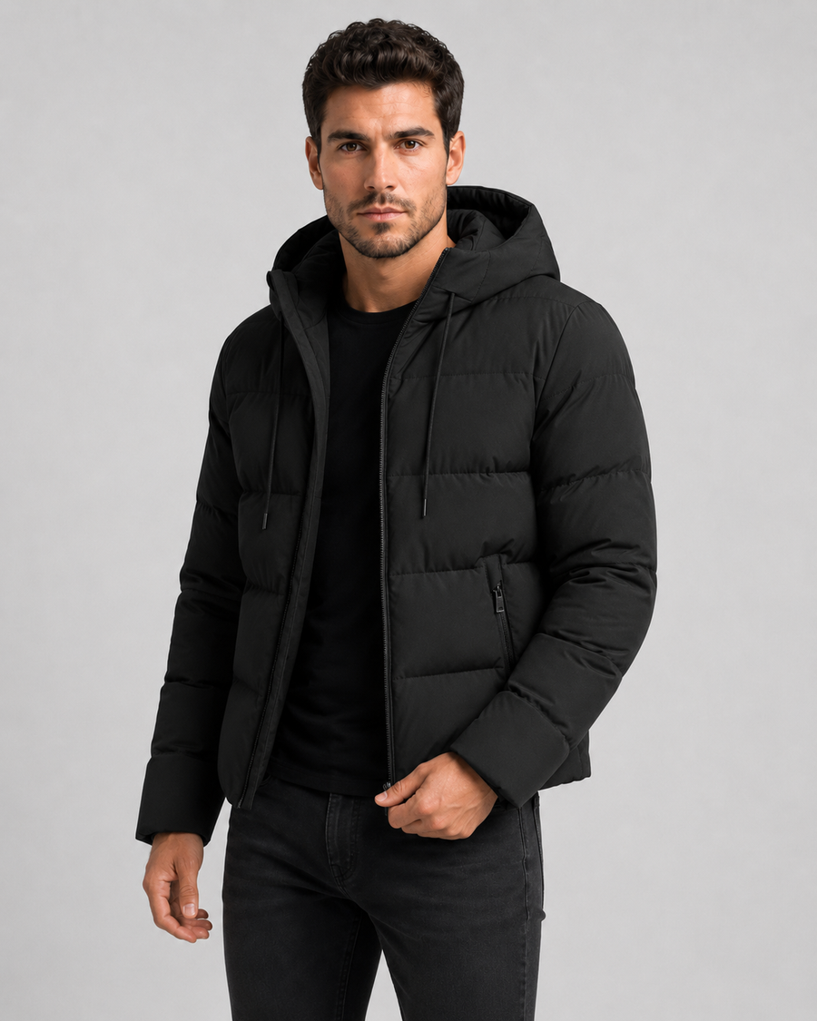 Men's hooded winter puffer jacket with zip pockets