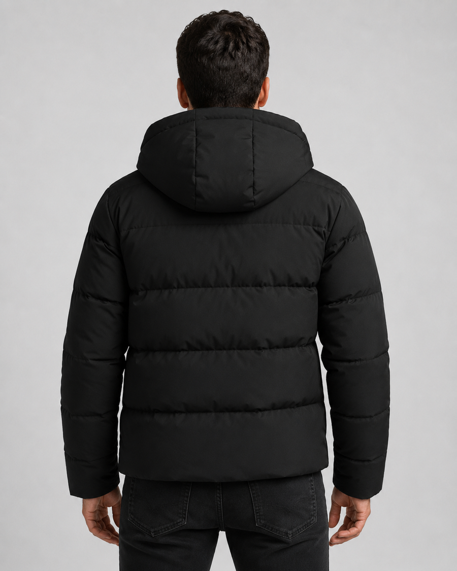Men's hooded winter puffer jacket with zip pockets