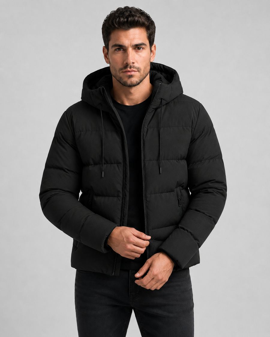 Men's hooded winter puffer jacket with zip pockets