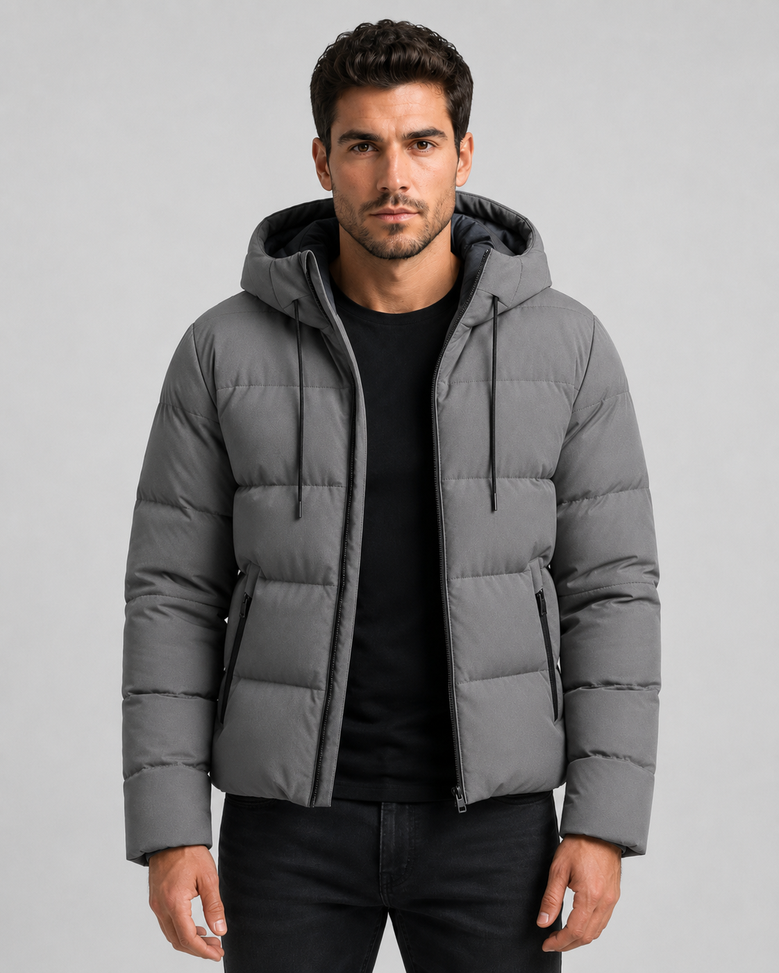 Men's hooded winter puffer jacket with zip pockets