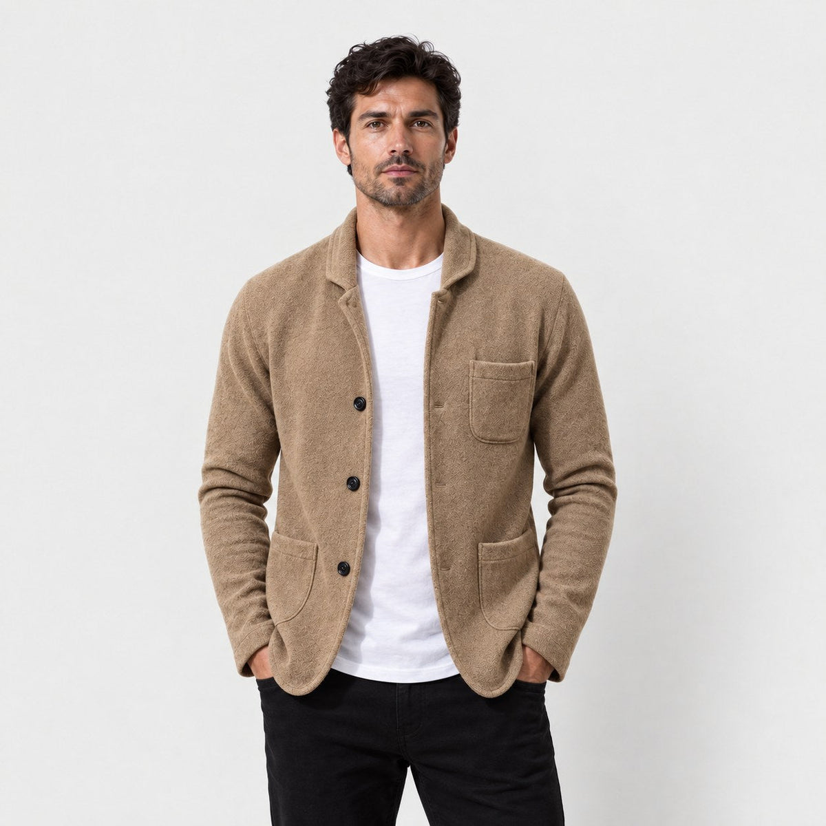 Men's knit blazer cardigan in Beige | Morpeth – front view