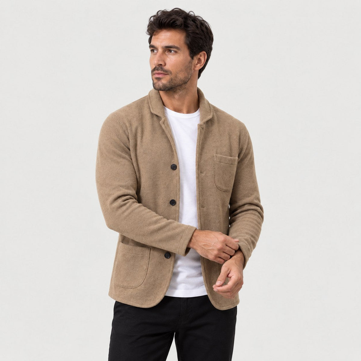 Men's knit blazer cardigan in Beige | Morpeth – side view