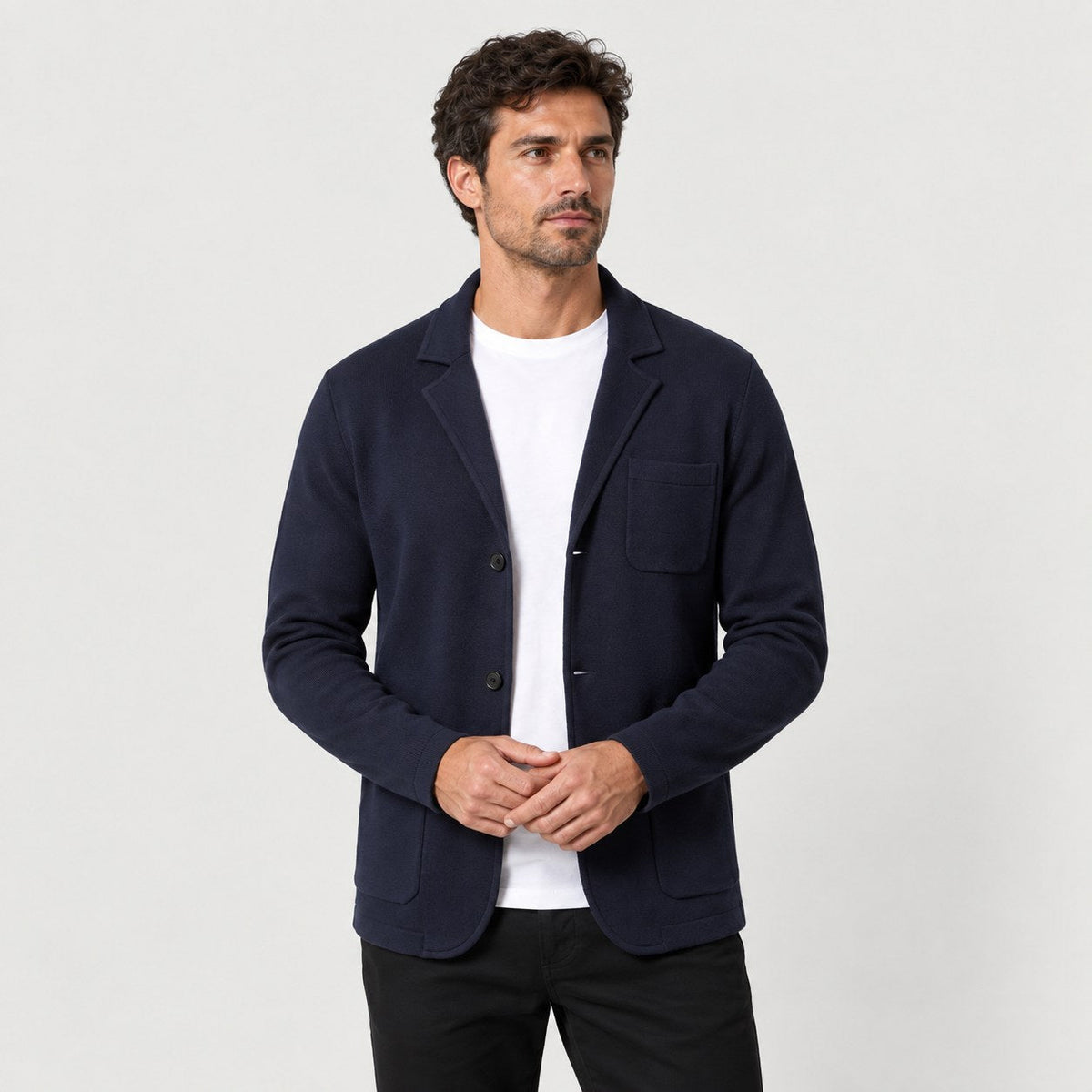 Men's knit blazer cardigan in Navy | Morpeth – front view