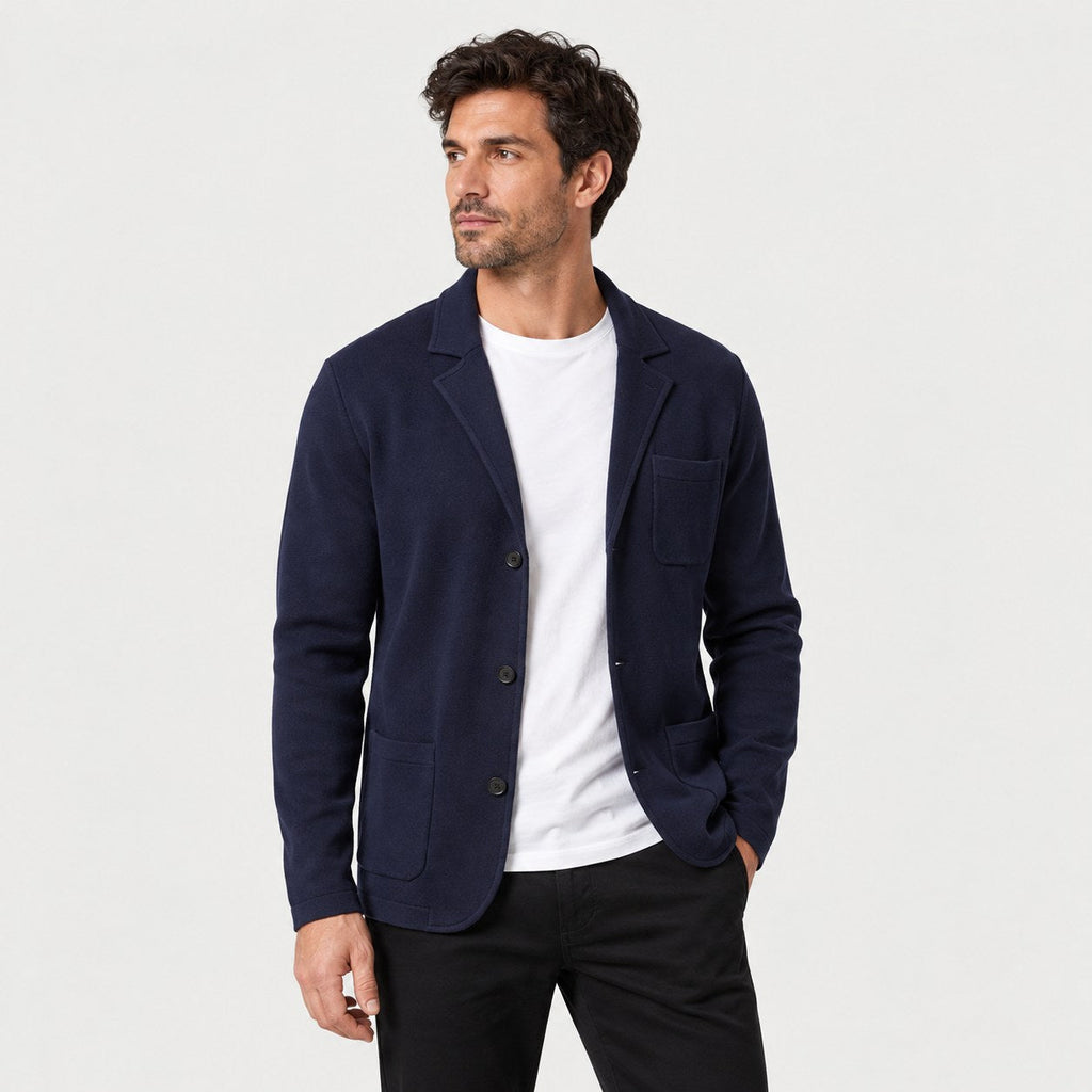 Men's knit blazer cardigan in Navy | Morpeth – side view
