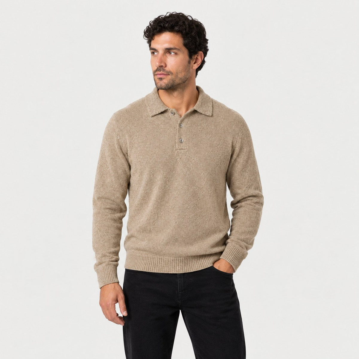 Men's knitted polo jumper in Beige | Brecon – side view