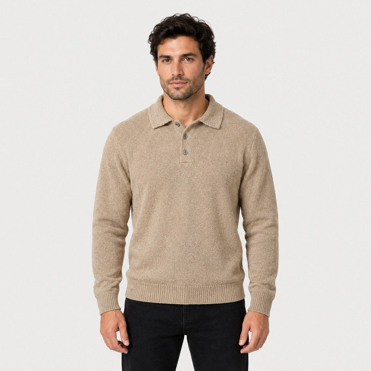Men's knitted polo jumper in Beige | Brecon – front view