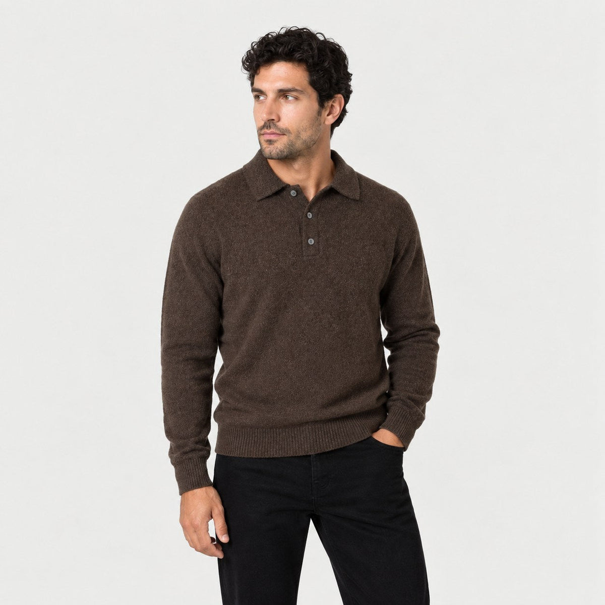 Men's knitted polo jumper in Brown | Brecon – side view