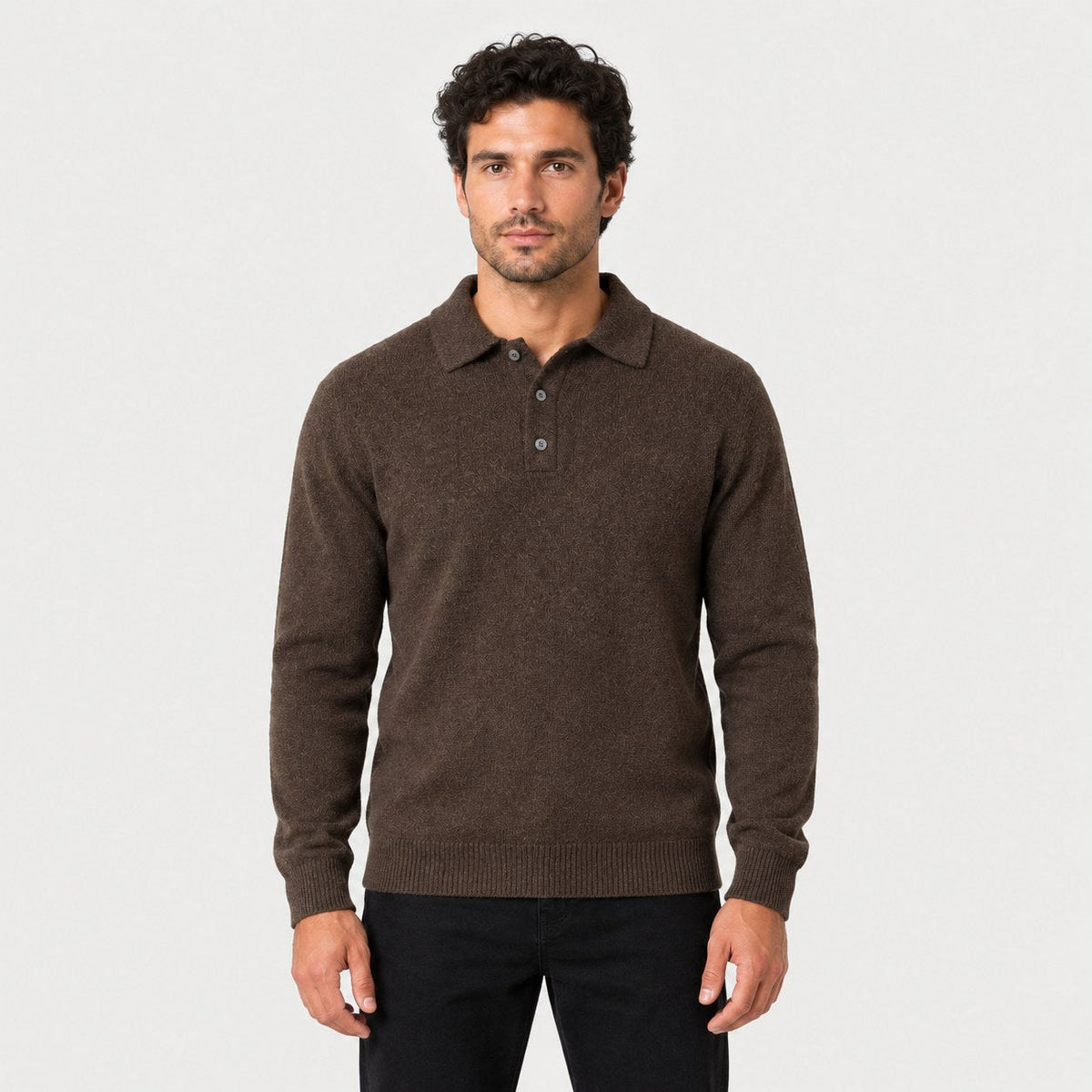 Men's knitted polo jumper in Brown | Brecon – front view