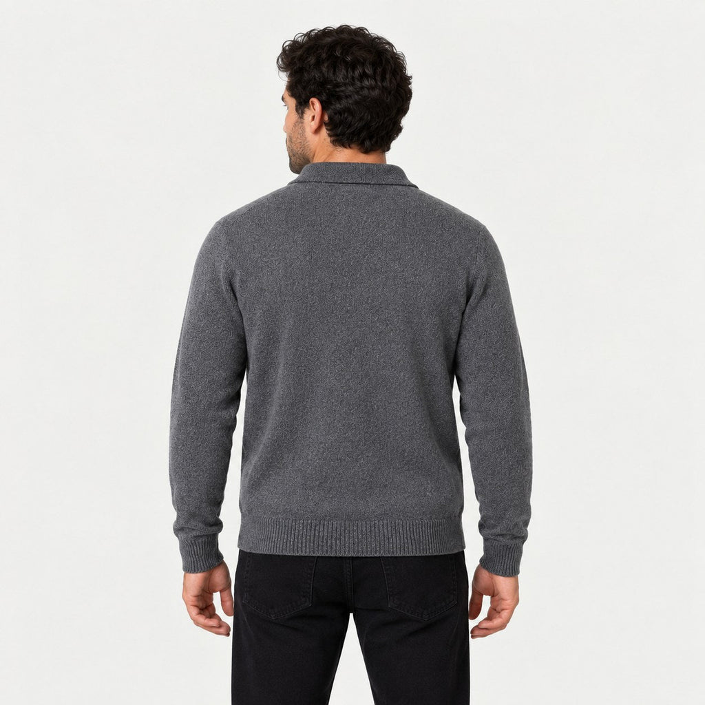 Men's knitted polo jumper in Dark Grey | Brecon – back view