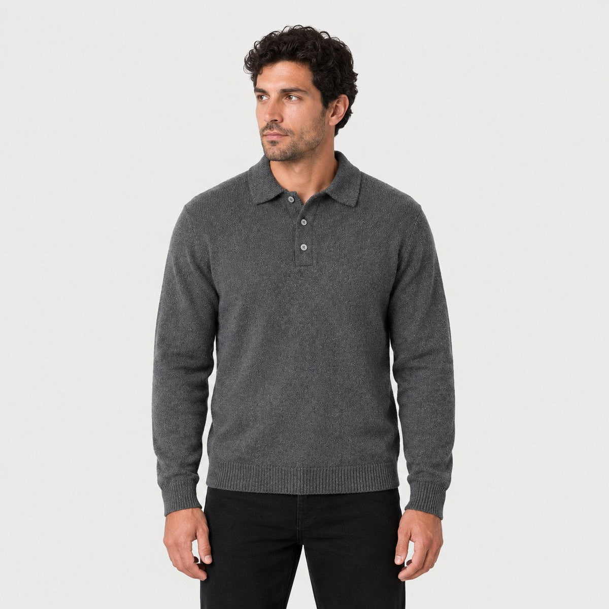 Men's knitted polo jumper in Dark Grey | Brecon – front view