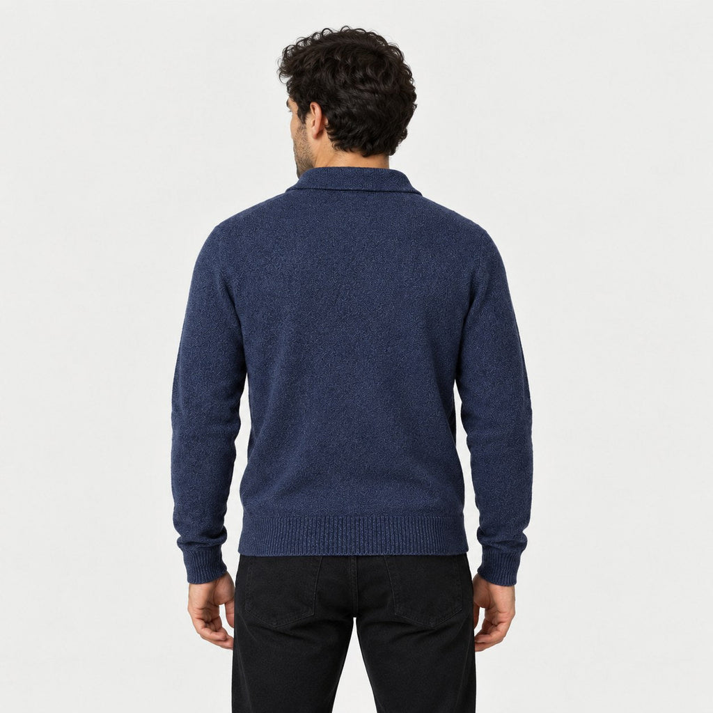 Men's knitted polo jumper in Navy | Brecon – back view