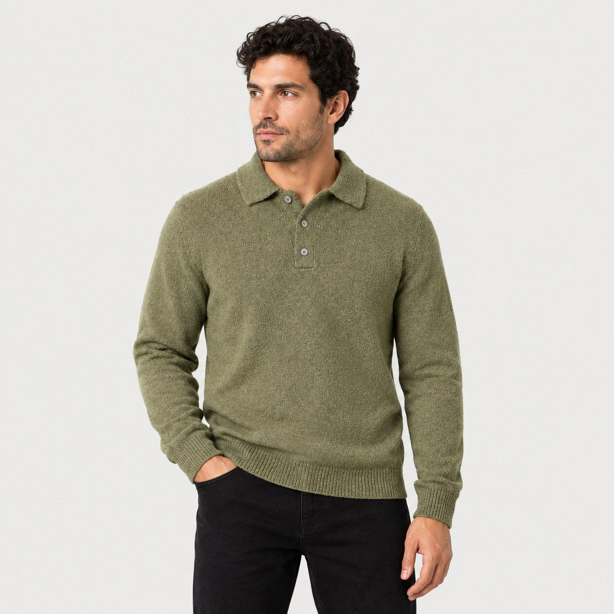 Men's knitted polo jumper in Olive Green | Brecon – side view