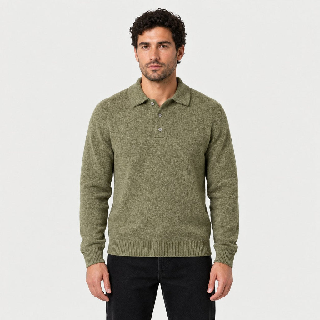 Men's knitted polo jumper in Olive Green | Brecon – front view