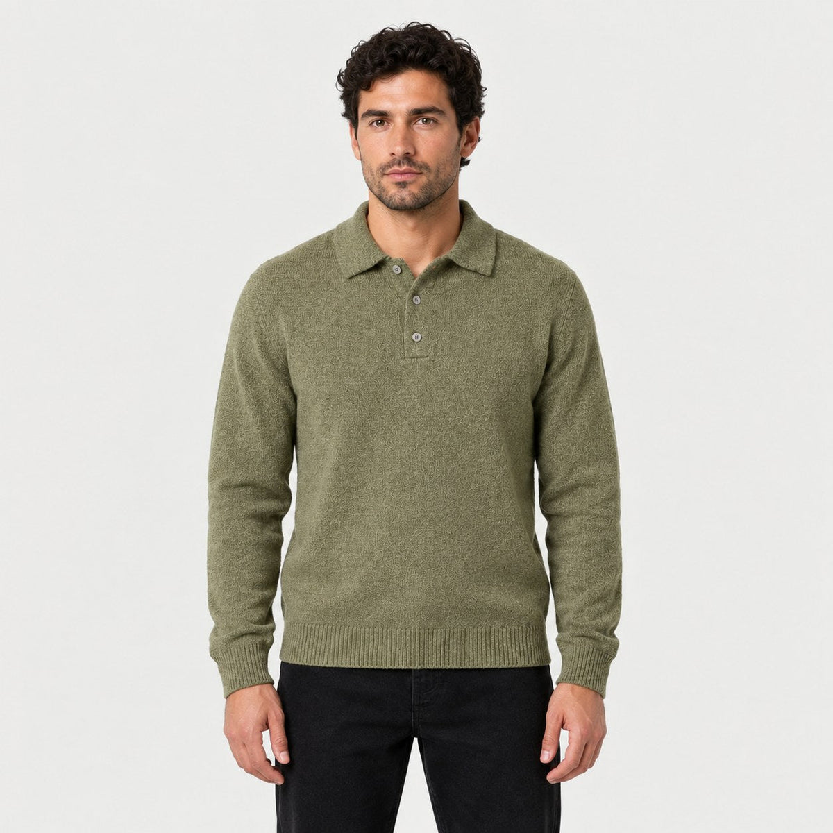 Men's knitted polo jumper in Olive Green | Brecon – front view