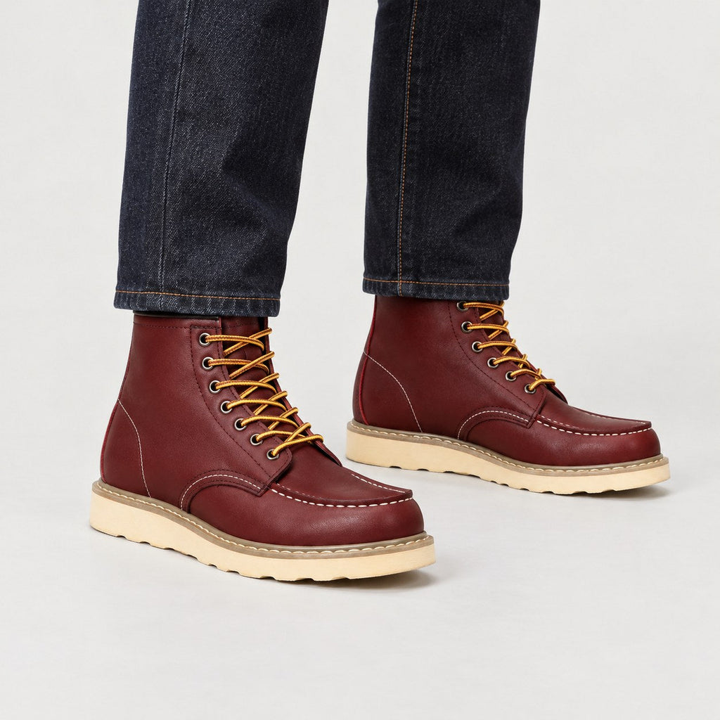 Men's moc toe boots in Burgundy | Wroxeter – side view