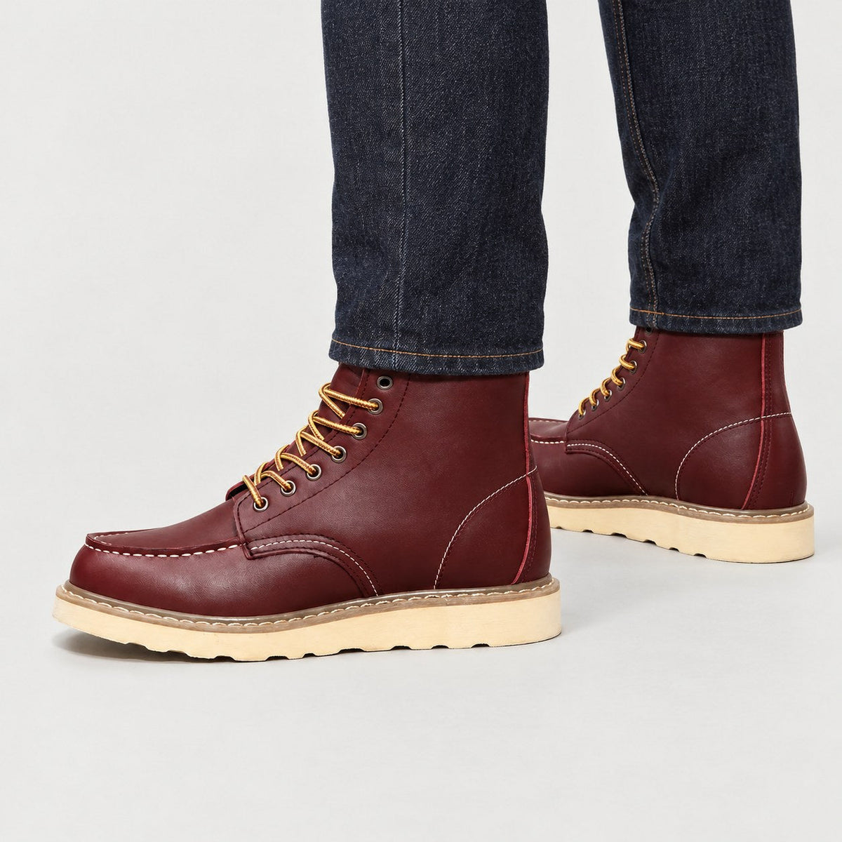 Men's moc toe boots in Burgundy | Wroxeter – side view