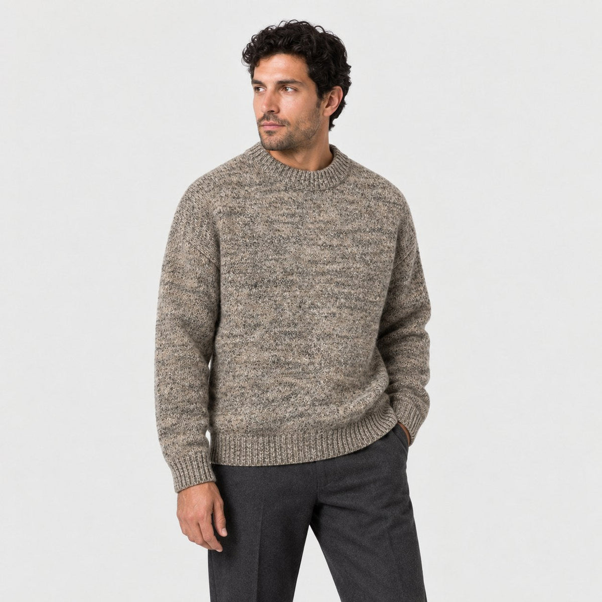Men's marled crew neck jumper in Brown | Wiveton – side view