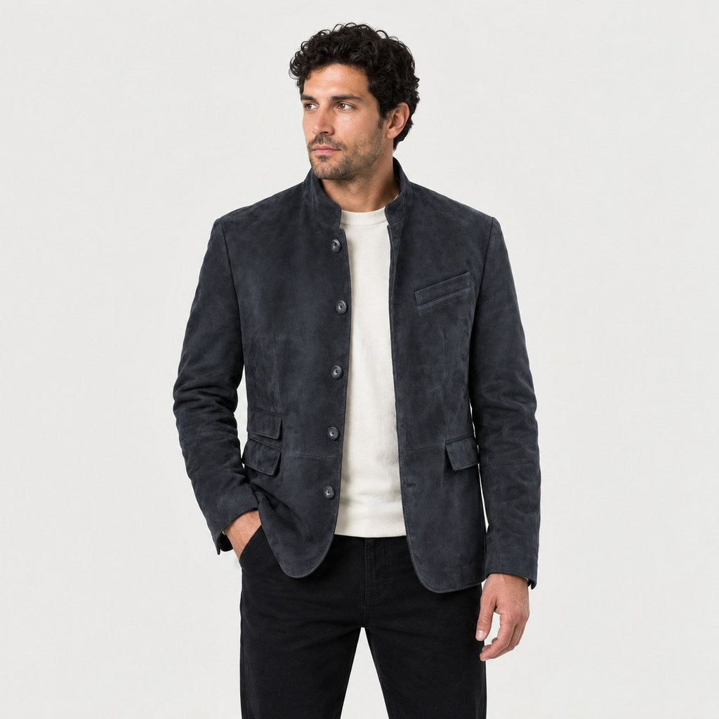Men's stand collar blazer in Black | Stoodleigh – front view