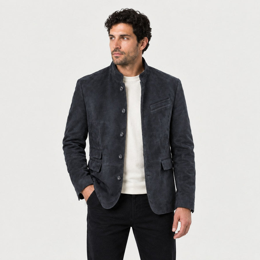 Men's stand collar blazer in Black | Stoodleigh – front view