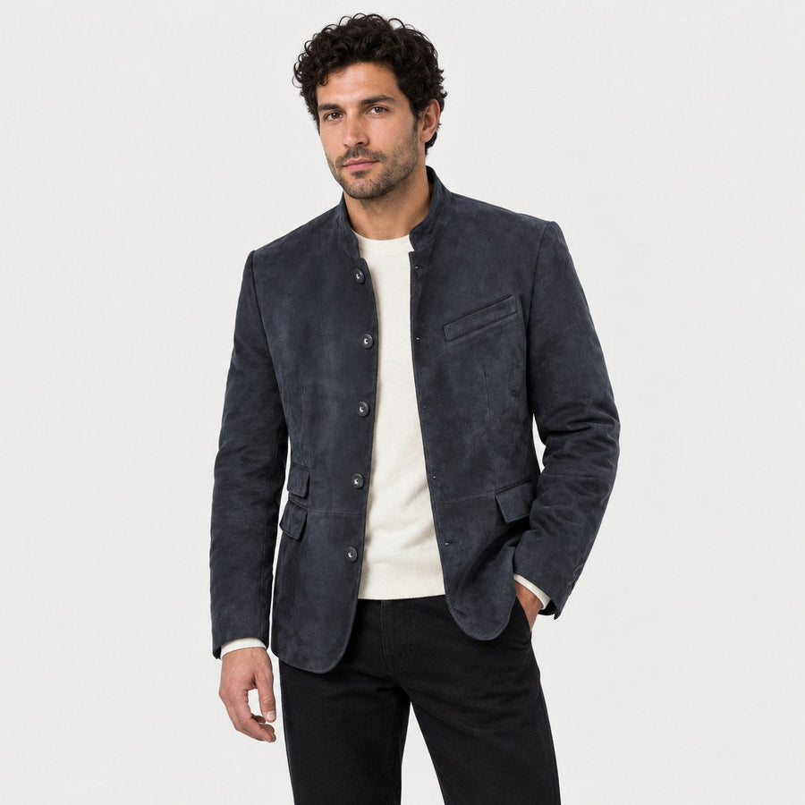 Men's stand collar blazer in Black | Stoodleigh – side view
