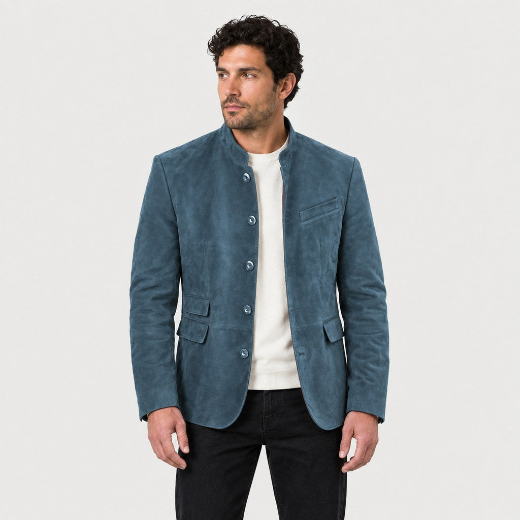 Men's stand collar blazer in Blue | Stoodleigh – front view