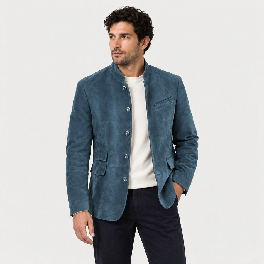 Men's stand collar blazer in Blue | Stoodleigh – side view