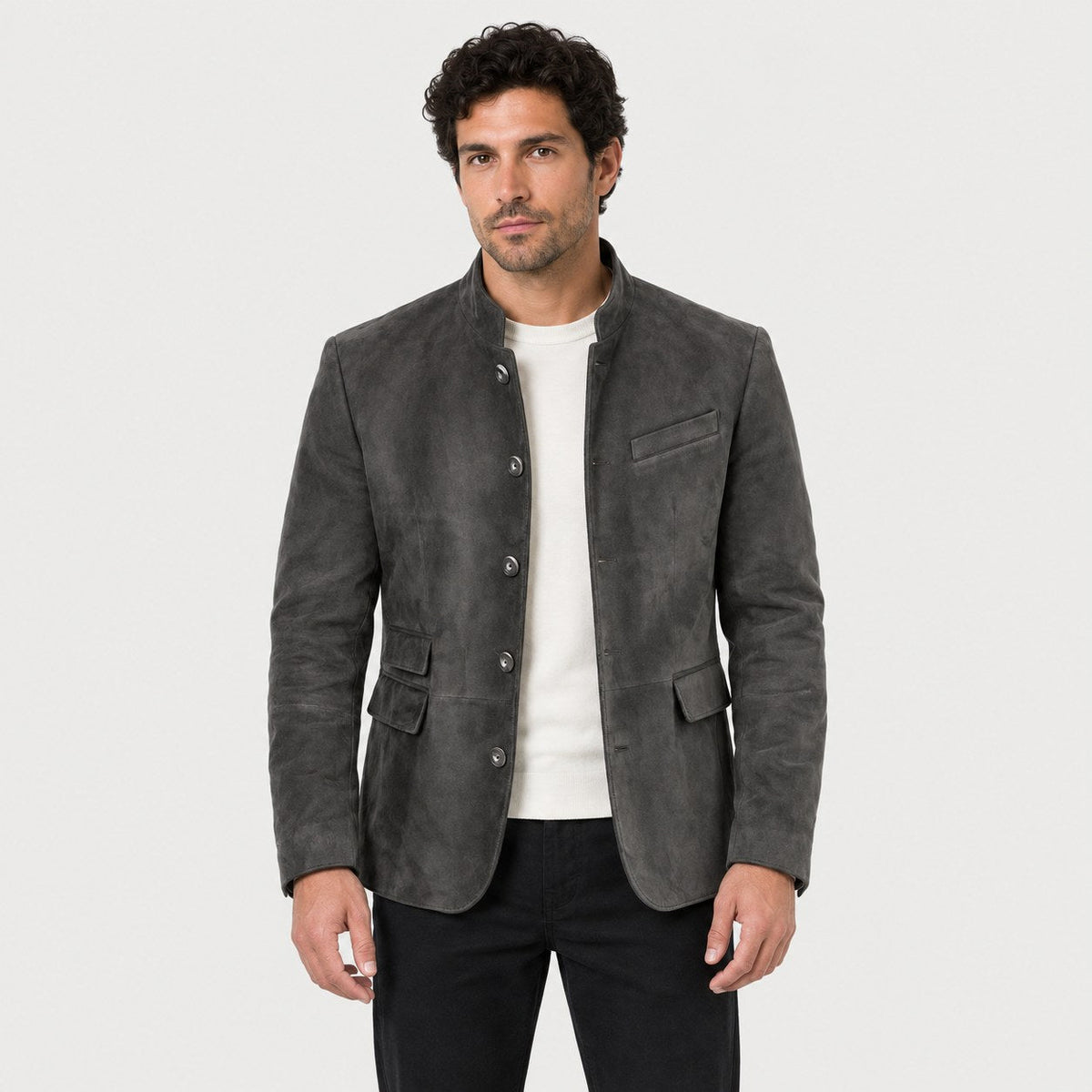 Men's stand collar blazer in Grey | Stoodleigh – front view