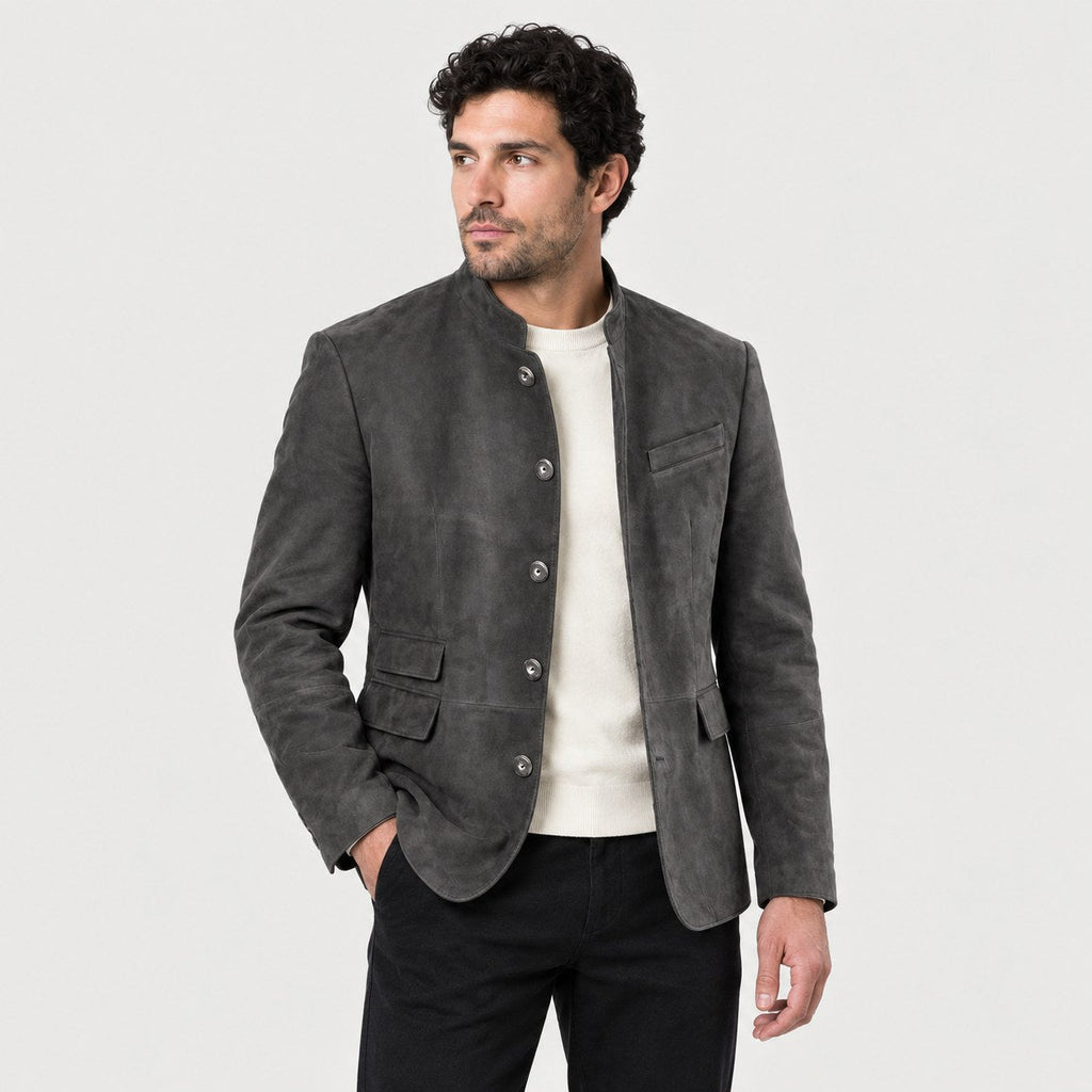 Men's stand collar blazer in Grey | Stoodleigh – side view