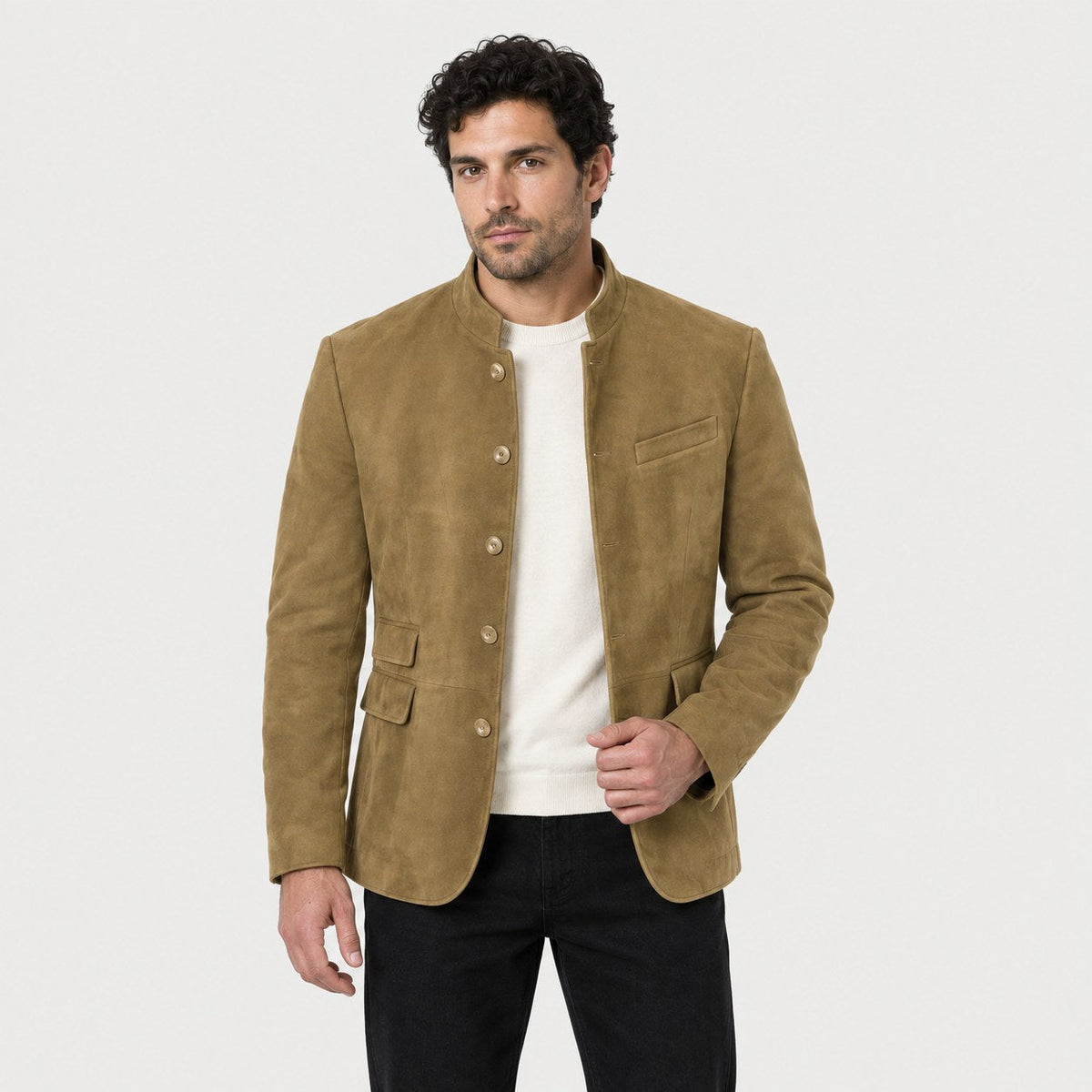 Men's stand collar blazer in Khaki | Stoodleigh – front view