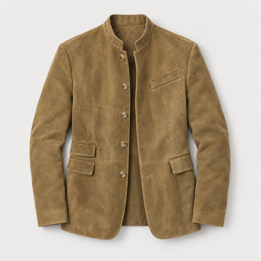 Men's stand collar blazer in Khaki | Stoodleigh – front view