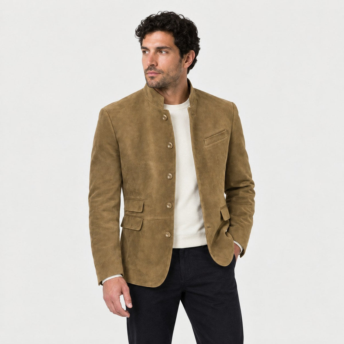 Men's stand collar blazer in Khaki | Stoodleigh – side view