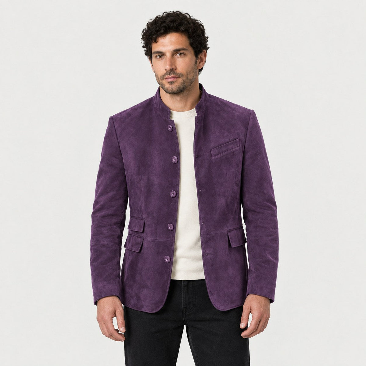 Men's stand collar blazer in Purple | Stoodleigh – front view