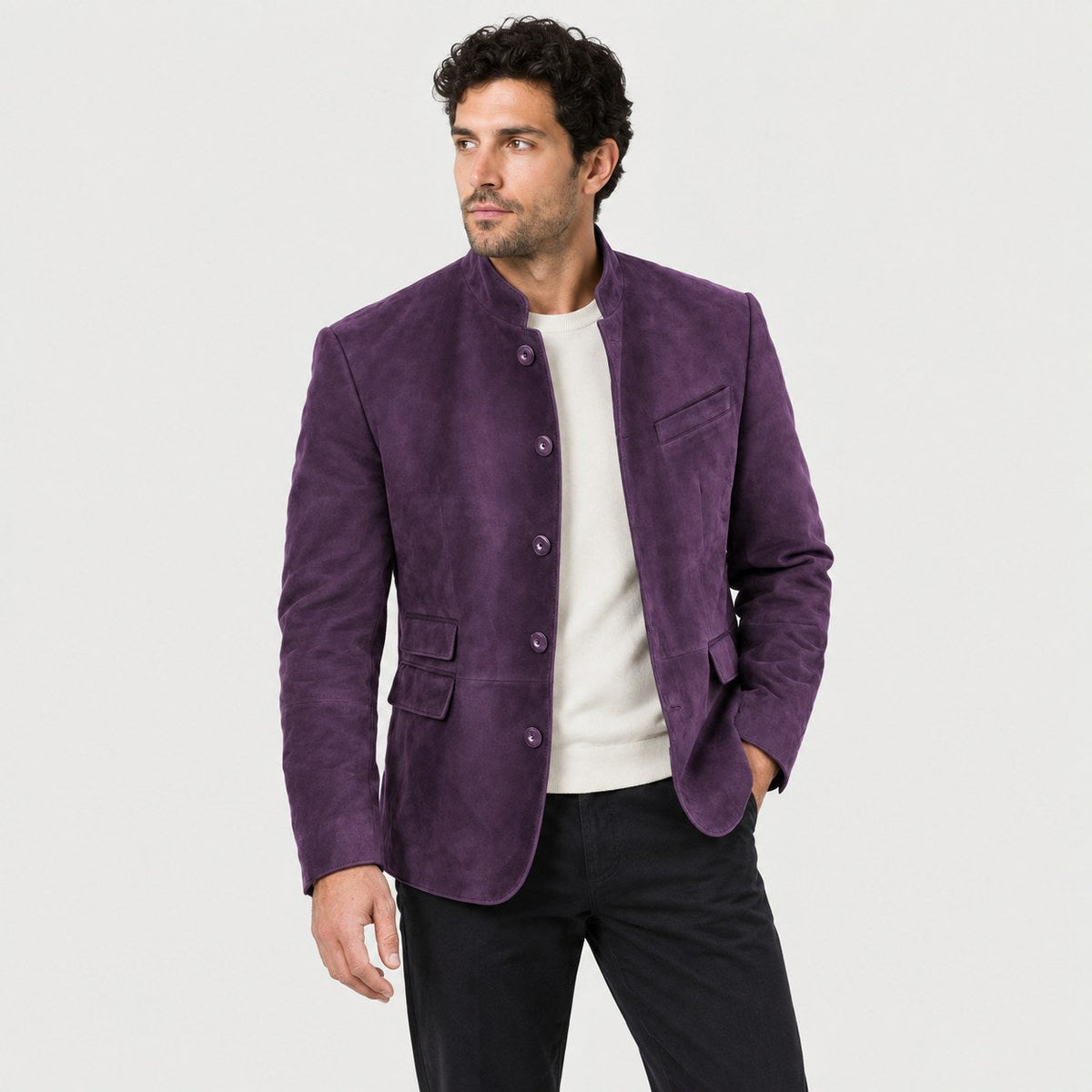 Men's stand collar blazer in Purple | Stoodleigh – side view