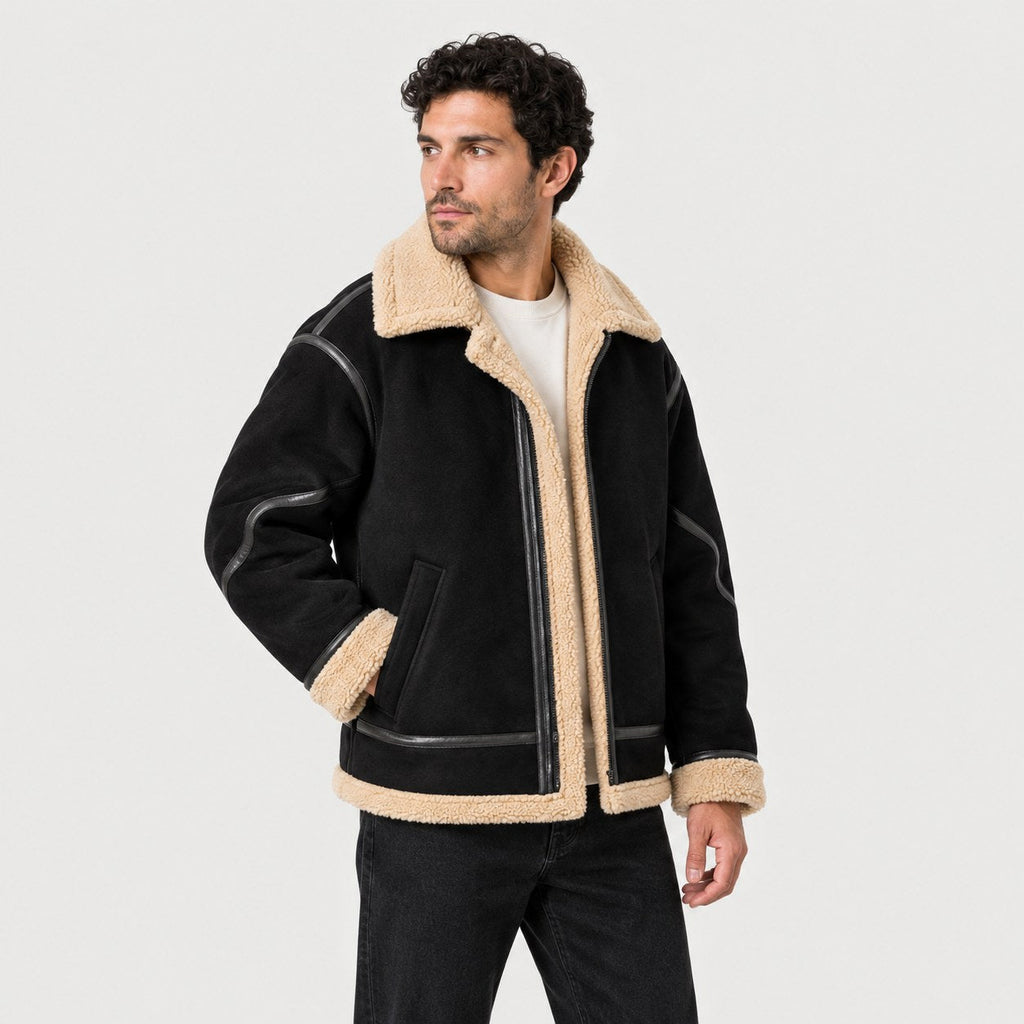 Men's faux suede aviator jacket in Black | Yarcombe – side view