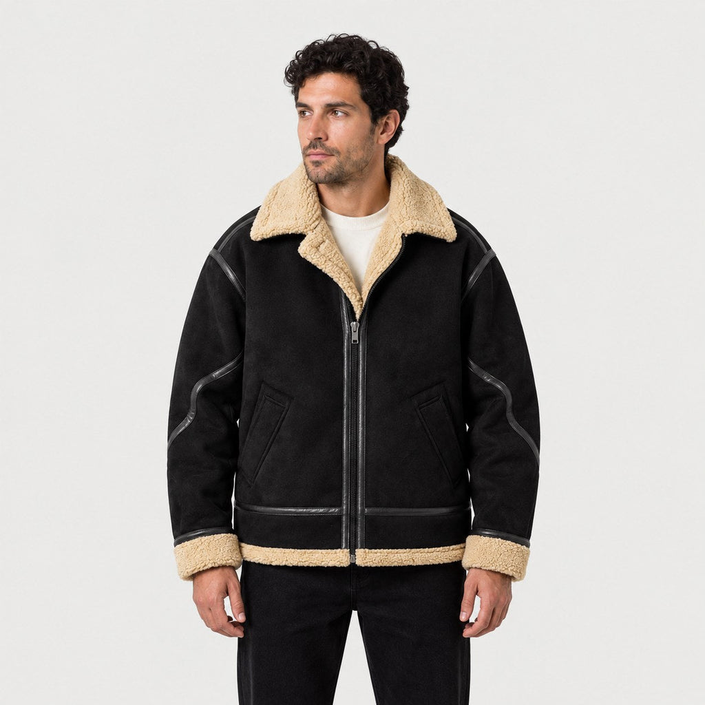 Men's faux suede aviator jacket in Black | Yarcombe – front view
